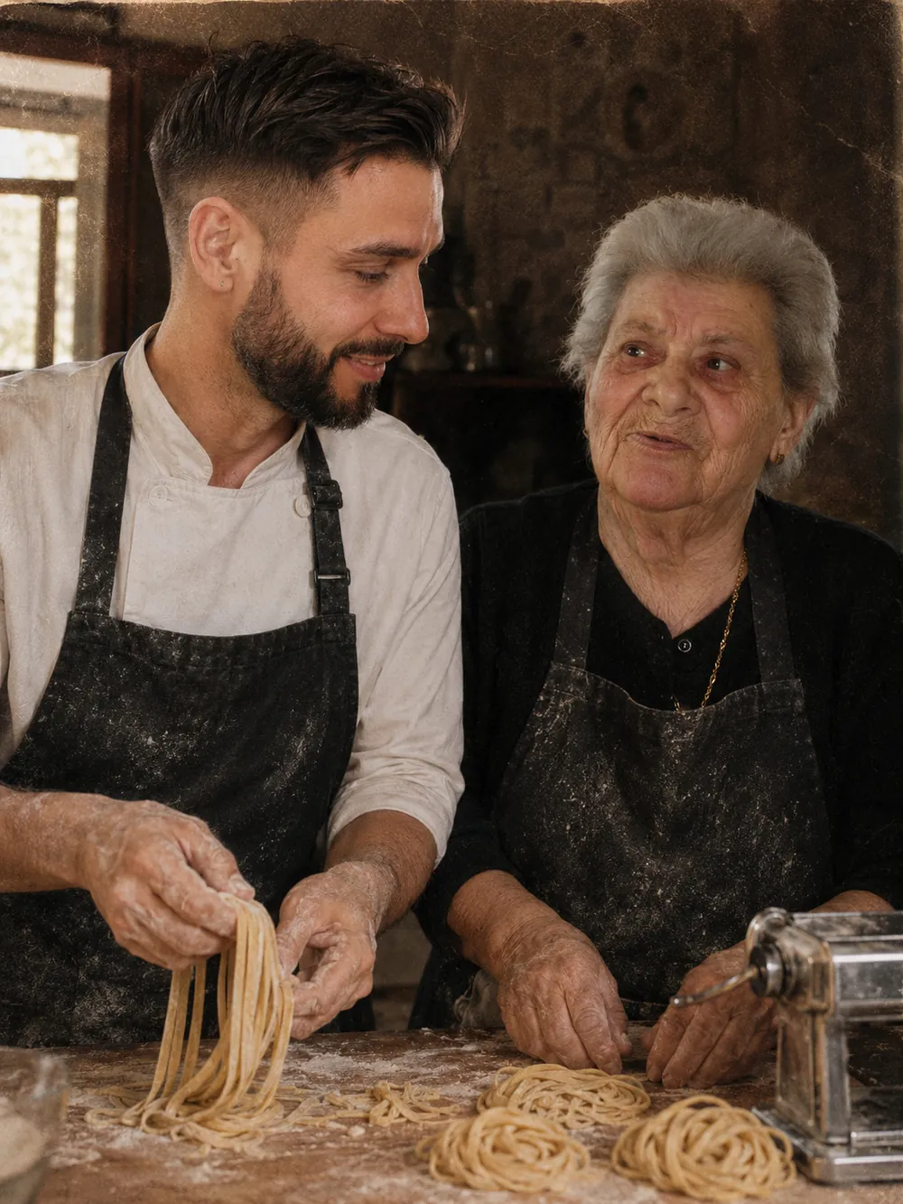 Tony Ceppini enfant aux côtés de sa grand-mère Maria Ceppini, fondatrice du restaurant Les 3 Pigeons à Pont-Saint-Esprit, à l'origine des pâtes artisanales Casa Ceppini