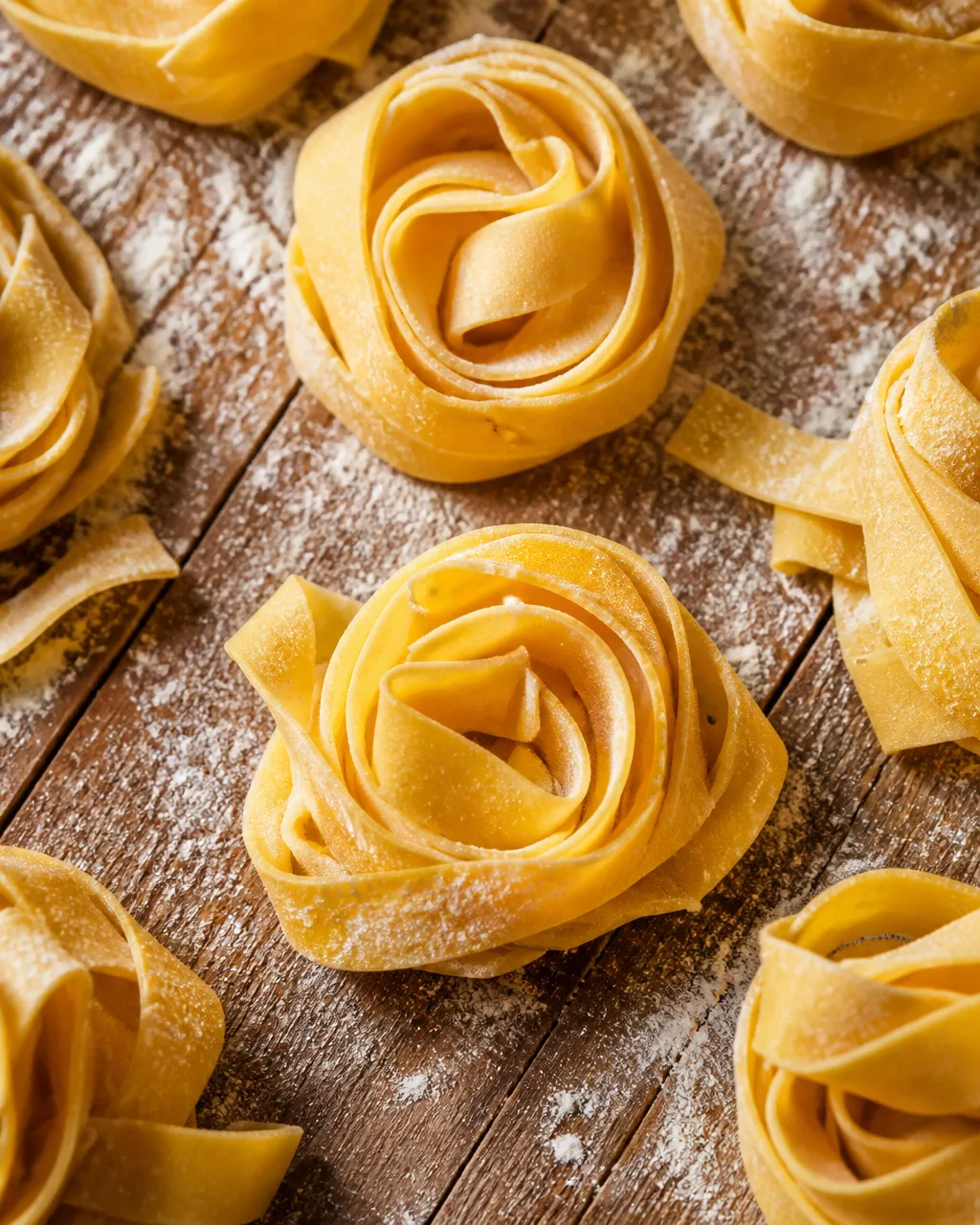 Nids de pappardelle artisanales Casa Ceppini, larges rubans sur plan de travail fariné